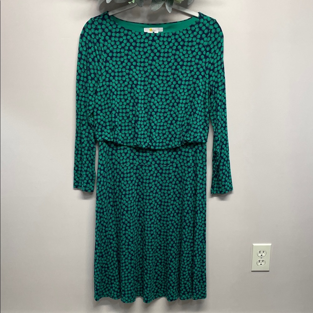 NWOT Boden J0875 Nellie Stretch Jersey Dress Navy Blue & Green Bubbles Print 6L